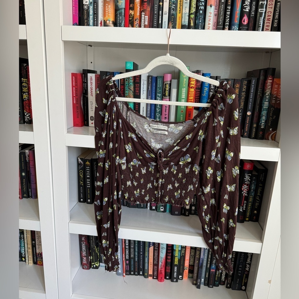 Urban outfitters brown green butterflies novelty print romantic ruched blouse